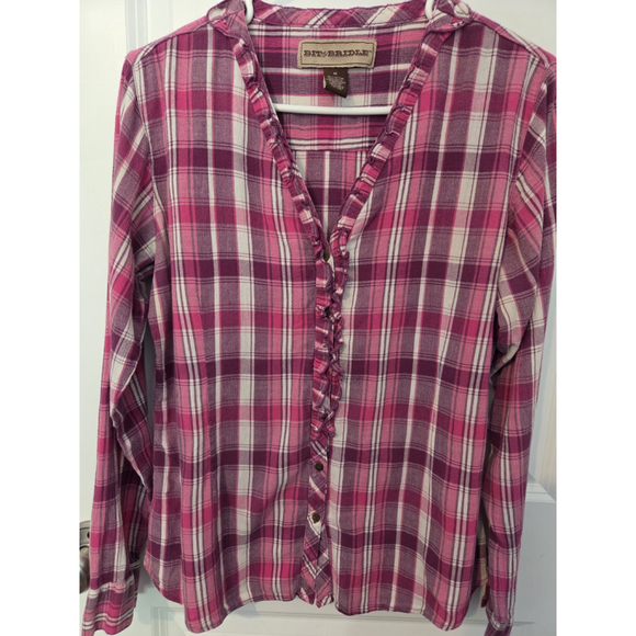 Bit & Bridle Women's Long Sleeve Ruffel Front Western Shirt Size M Pink Plaid - Picture 1 of 5
